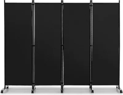 Zdjęcie produktu dla Dzielnik pokoju z 4 panelami na kółkach, zwijany ekran zasłaniający o wysokości 173 cm, czarny