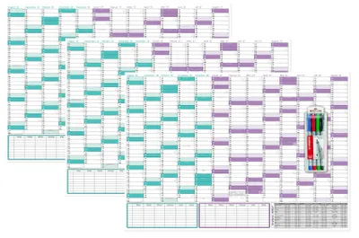 Produktbild von 3er Set Schuljahreskalender 2026/2027 DIN B1 700 x 1000 mm, nass abwischbar matt, inkl. Stifteset, gerollt, August 2026 bis August 2027, Wandkalender Schulkalender