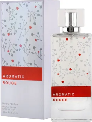 A perfume bottle and its box are displayed side-by-side against a white background. The packaging and bottle feature a delicate floral pattern with small red and gray flowers and branches.