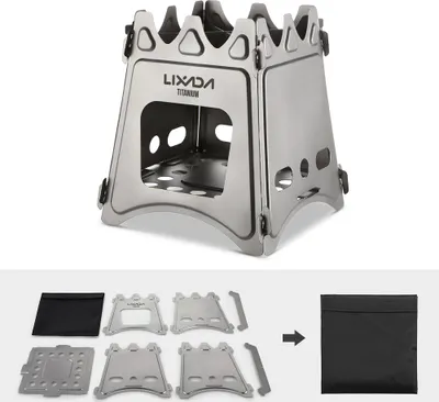 A titanium wood stove and its disassembled components are shown against a white background.
