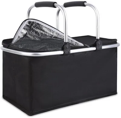 Image de Unyqoos® : Panier de pique-nique et de courses isotherme pliable, 30 litres, poignée en alliage d'aluminium, base en plastique, dimensions : 48 x 28 x 25 cm (plié : 48 x 28 x 5 cm)