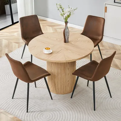 Productafbeelding van Tafelset, eettafel 100 cm, MDF, houtlook, 4 stoelen van kunstleer (bruin+zwart, natuurlijke houtkleur)