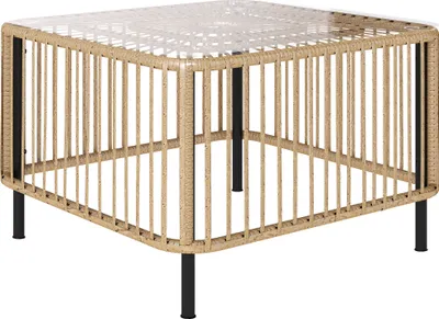 A square polyrattan coffee table with a glass top and black metal legs, shown on a white background.