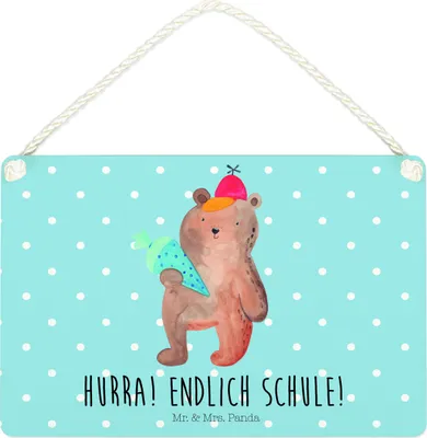 Produktbild von Mr. & Mrs. Panda Schild Bär Schultüte DIN A4 - Blau Pastell - Geschenk, Teddy, Grundschule, Holzschild, Wandbild Holz, Deko, Motiv, holzbild, Einschulung, Schulbeginn