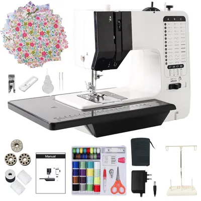 A sewing machine and its accessories are displayed on a white background.