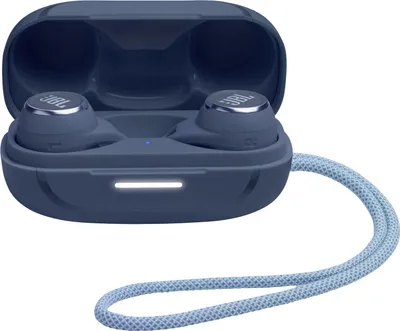 A pair of blue JBL wireless earbuds in their charging case.