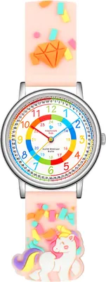 Produktbild von Alienwork Einhorn Lernuhr Kinderuhr Mädchen Uhrzeit lernen Silber Kautschuk-Armband Pink Mehrfarbig Kinder-Uhr Wasserdicht 5 ATM Zeit Lernen
