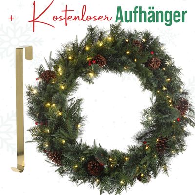 Meisterhome ® Künstlicher Weihnachtskranz Adventskranz für Tür Ø 90 cm - Weihnachtlicher Türkranz für Innen und Außen mit 70 LEDs und Timer