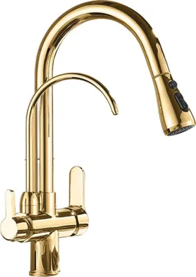 A golden kitchen faucet with a pull-down sprayer and a separate filtered water spout.