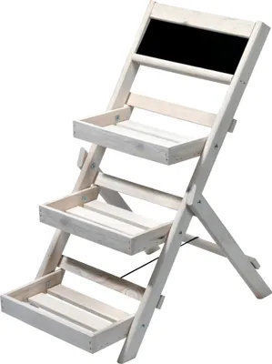 A white wooden plant stand with three tiers and a black chalkboard at the top, shown against a white background.