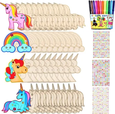Produktbild von Holz Bastelset 40-teilig, Einhorn, fuer Maedchen, mit Glitzerstickern und Farbstiften
