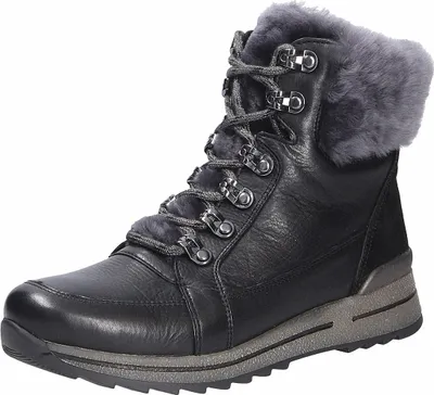 A black leather boot with gray fur trim and a gray sole, shown from a side-angle on a white background.