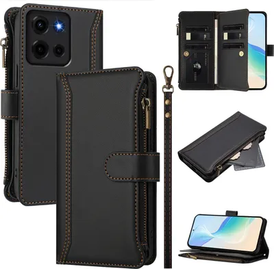 Immagine prodotto di Custodia per Motorola Moto G 2025, con cerniera, portafoglio Custodia flip in Finto cuoio con tasche per carte, supporto e passante per la mano nero
