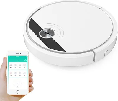 A robotic vacuum cleaner is shown next to a smartphone displaying its control app, held by a hand.