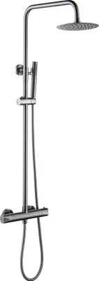 Produktbild von Duschsystem Set Grau gebürstet rund mit Regendusche Ø20 cm Handbrause Thermostat Duschgarnitur mit Duschstange Anti-Kalk-Düsen Dusche komplett