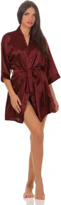 Produktbild von Damen Morgenmantel kurzer Kimono in Satin-Optik; Dunkelrot XL