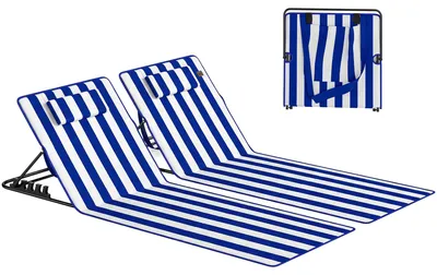 Produktbild von 2er Set Strandliegen, 4-fach verstellbare Rš¹ckenlehne, 154x57x52 cm, Blau-Wei?, Seitentasche, Stahlgestell, klappbar