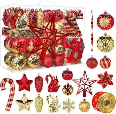 Productafbeelding van Unyqoos® set van 128 onbreekbare kerstballen in rood en goud – kerstversiering van kunststof met ophanglinten