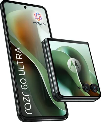 A Motorola razr 60 ultra smartphone is shown in a folded and unfolded state, with marketing graphics on the screens.