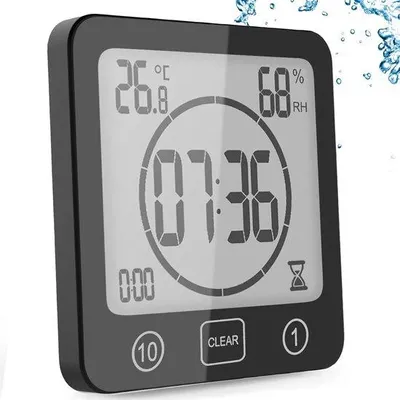 Zdjęcie produktu dla Cyfrowy minutnik prysznicowy z higrometrem i termometrem, przyssawką, wyświetlaczem LCD i budzikiem, przeznaczony do łazienki – czarny.