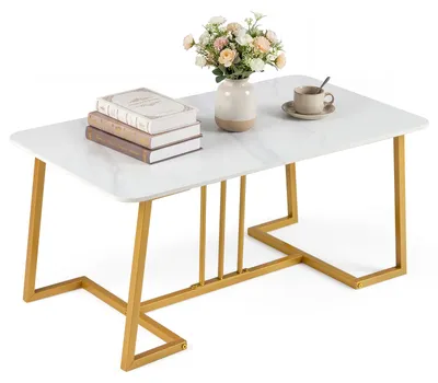 Image de Table basse COSTWAY en marbre, table de salon rectangulaire avec structure et pieds métalliques robustes, table basse moderne pour le salon ou le bureau, blanc + or