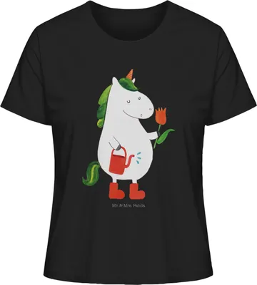 Produktbild von Mr. & Mrs. Panda Shirt Damen Einhorn Gärtner Größe M - Schwarz - Geschenk, Baumwoll T-Shirt, Basic, Unicorn, Oberteil, Freundin, Stiefel, Einhörner, Garten, Luftballon