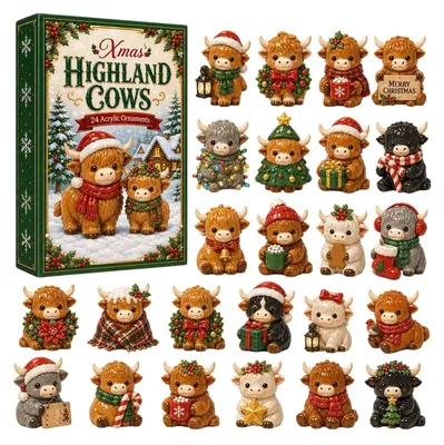 Zdjęcie produktu dla 2026 Highland Cow Kalendarz Adwentowy 3D 24 Dni Odliczanie Figurki Zielony