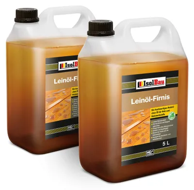 Produktbild von Isolbau Leinöl-Firnis - 2 x 5 Liter - Leinöl für Holz - Holzschutz für Außen und Innen Wetterfest - Doppelt gekochtes Holzöl als natürlicher Schutz