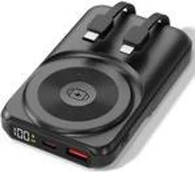 Produktbild von VIESTA® Powerbank 10.000 mAh Schwarz 22,5W Schnellladen PD20W 15W Wireless Apple Watch Charger integrierte Kabel LED-Display Aluminium-Standfuß