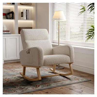 Produktbild von Schaukelstuhl Relaxsessel mit Teddystoff und Lendenkissen, Bequemer Lesesessel für das Wohnzimmer, Beige