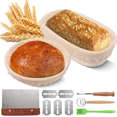 Immagine prodotto di Set per la preparazione e la conservazione del pane: stampi per pane rotondi/ovali, affettatrice per pane, coltello per pane, coperture, materiale in rattan sicuro, cestino per il pane