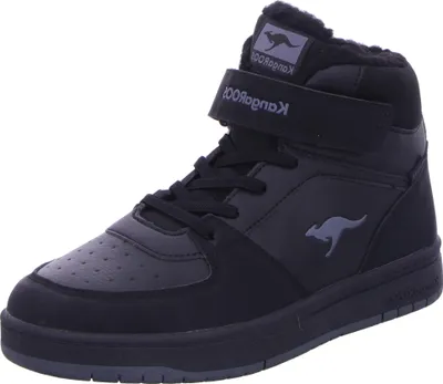 A black high-top sneaker with fur lining.