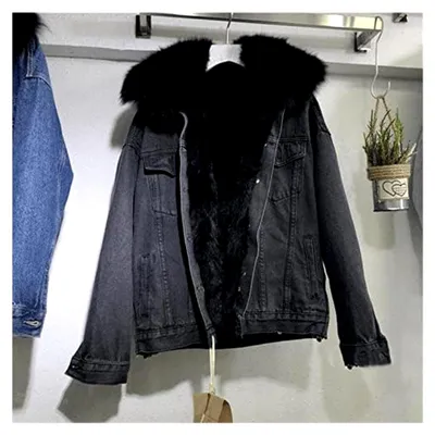 Produktbild von Winterjacke Damen Warm Jeansjacke Oversize Gefütterte Denim Jacket mit Fleece Dicke Fleecejacke Vintage Übergangsjacke Jacke Jeansmantel Button Down Y2K Kapuzenjacke Freizeitjacke