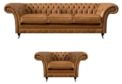 Immagine prodotto di Soggiorno di design in pelle poltrona con divano divano a tre posti Chesterfield