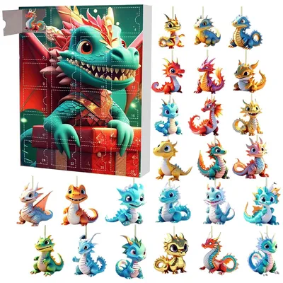 A product image showing a dinosaur-themed advent calendar and a collection of small dragon ornaments.