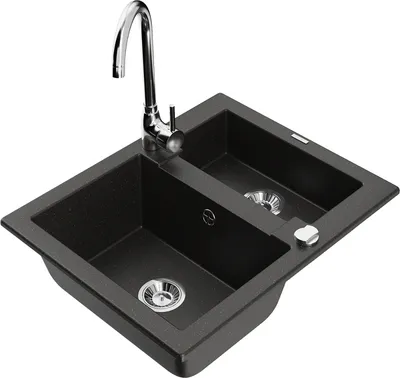 Produktbild von Mexen Carlos 1,5-Becken-Granitspüle mit Mischbatterie Telma, Schwarz/Gold metallisch - 6518-75-670200-00