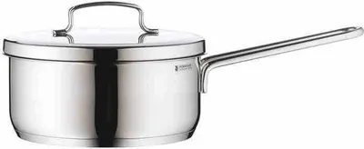 A stainless steel saucepan with a lid and a single handle, shown against a white background.
