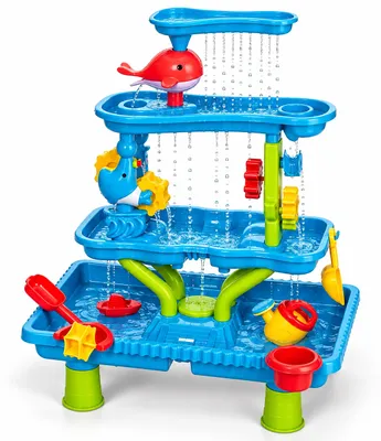 Imagen del producto de Relaxdays, mesa de juegos con agua de 4 niveles, con muchos accesorios, dimensiones: 82x58x58 cm, cocina de barro para agua y arena, fabricada en plástico, de colores variados, Imagen generada por IA
