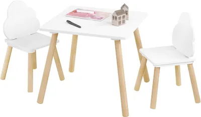 Produktbild von Quadratischer Kindertisch mit 2 Stühlen und Massivholzbeinen Weiß + helle Eiche | 50x50x44 cm