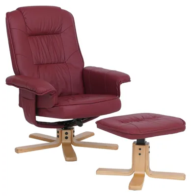 Image de Fauteuil relax M56, Fauteuil TV avec pouf Ottomane, Similicuir bois d'eucalyptus FSC®- ~ bordeaux
