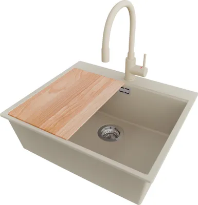 Produktbild von PRIMAGRAN Granitspüle Beige 58x50cm, Spülbecken 1 Becken + Küchenarmatur 38x14cm + Ablauf-Set + Schneidebrett, Küchenspüle ab 60er Unterschrank - Oslo