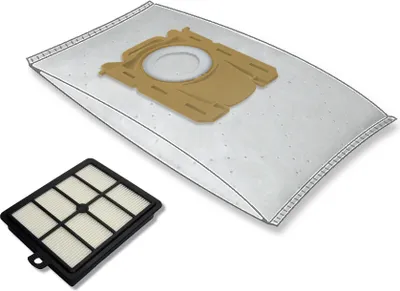 A vacuum cleaner bag and a HEPA filter are shown on a white background.