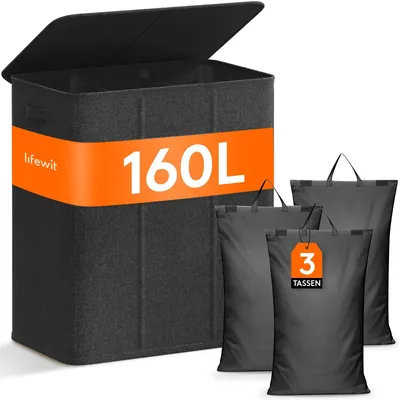 Obrázok produktu pre Extra veľký košík na prádlo s 3 priehradkami a vekom, objem 160 litrov