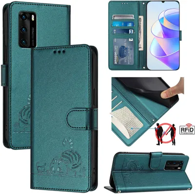 Produktbild von Leder Hülle für Huawei P40 Süße Katze Flip Case Brieftasche Schutzhülle mit Standfunktion Grün