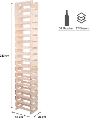 Produktbild von Weinregal VINOTECA FLEX PRO | HxBxT 233x46x28cm | 68 Flaschen auf 17 Ebenen | Massives Kiefernholz | Natur unbehandelt