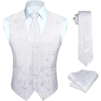 Productafbeelding van Herenset: Vest, stropdas en zakdoek, jacquard, bloemenprint, wit, maat 4XL