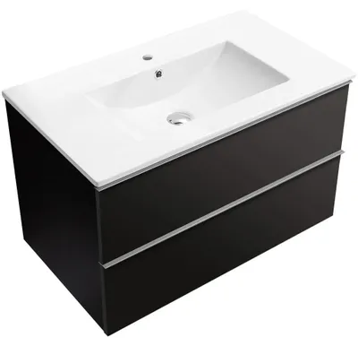 Produktbild von CERANO - Badezimmerschrank Velora - matt schwarz, Griff Chrom + Keramikwaschbecken Todo - 101x55x46,5 cm