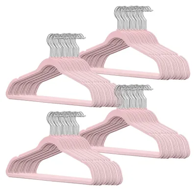 Produktbild von 100 Stück hochwertige Samt Kleiderbügel in der Farbe Rosa mit Silber Haken/Anti-Rutsch/von StickandShine
