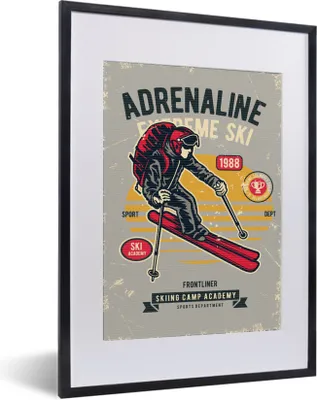 Produktbild von MuchoWow® MuchoWow® Gerahmtes Poster Ski - Sport - Vintage - Grau 30x40 cm - Poster mit zchwarzem Bilderrahmen - Wandposter Schlafzimmer
