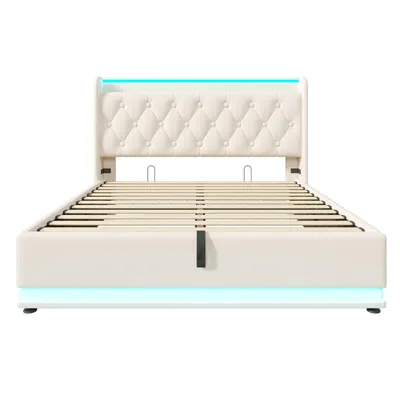 Produktbild von Flieks Polsterbett 140x190cm mit Ladefunktion (USB&Typ-c), Jugendbett Doppelbett Stauraumbett mit LED, Hydraulisches Boxspringbett, PU, Weiß